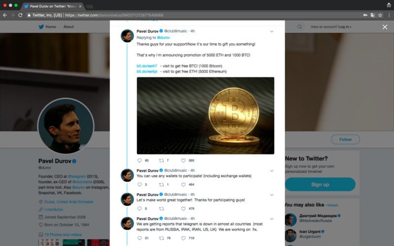 Twitter Shot of Scam from Durov