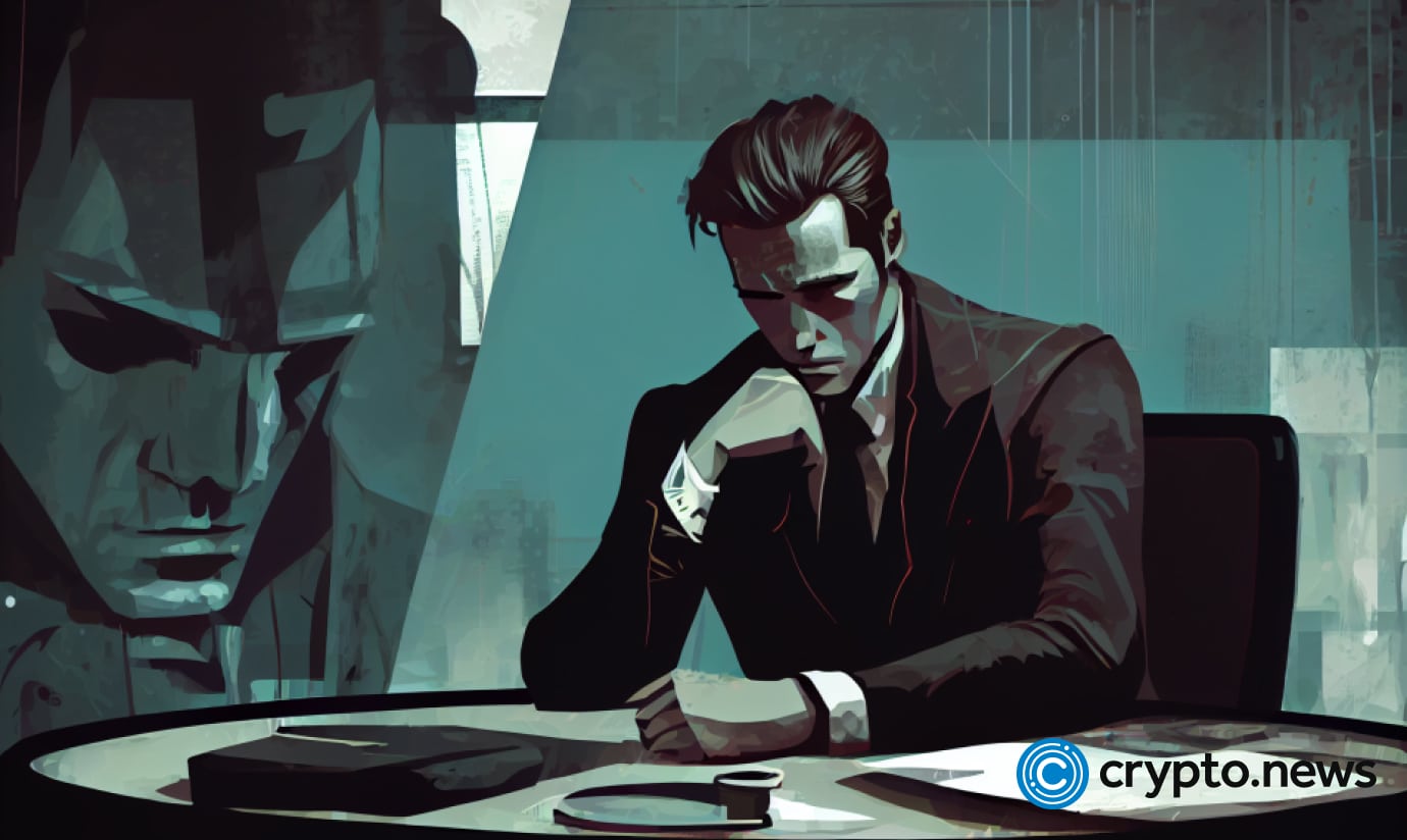 crypto news A sad man in a suit sits at the office table graphics background dark tones sixties retro futuristic illustrat