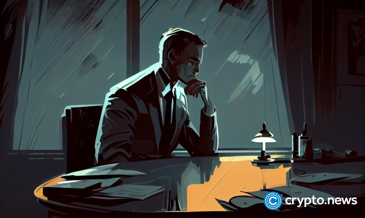 crypto news A sad man in a suit sits at the table office background dark tones sixties retro futuristic illustrat