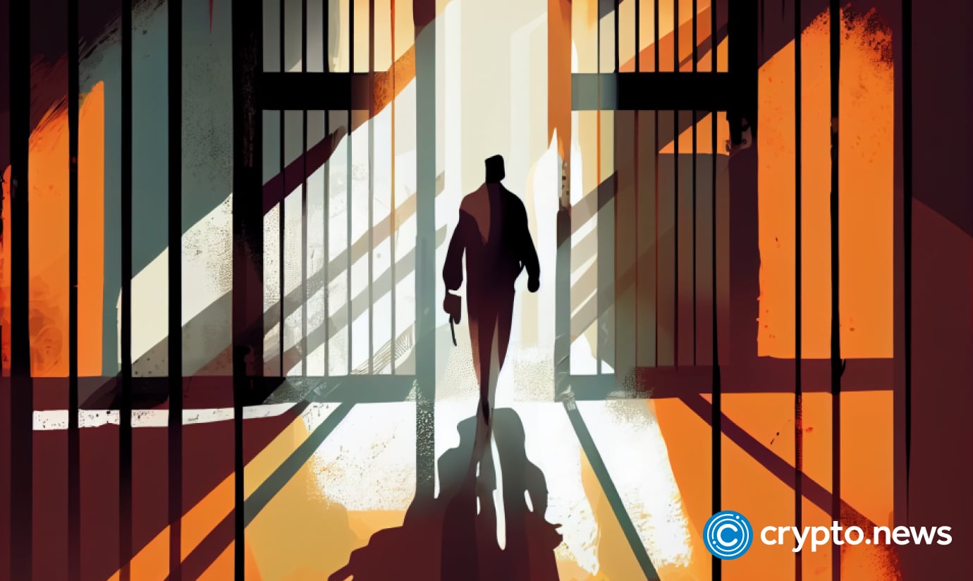 crypto news a man gets out of jail blurry figure day light sixties retro futuristic illustration