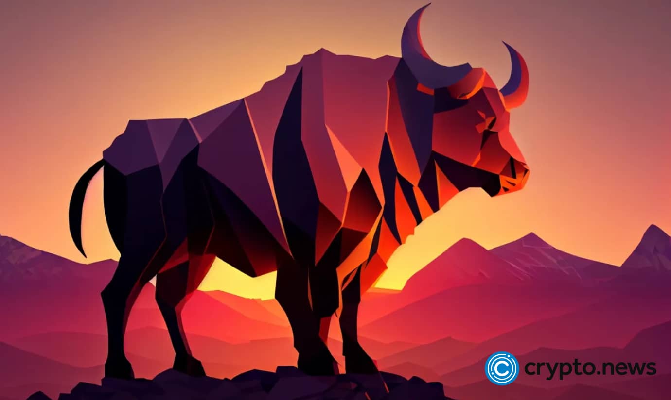 crypto news bull sunset mountains cartoon character low