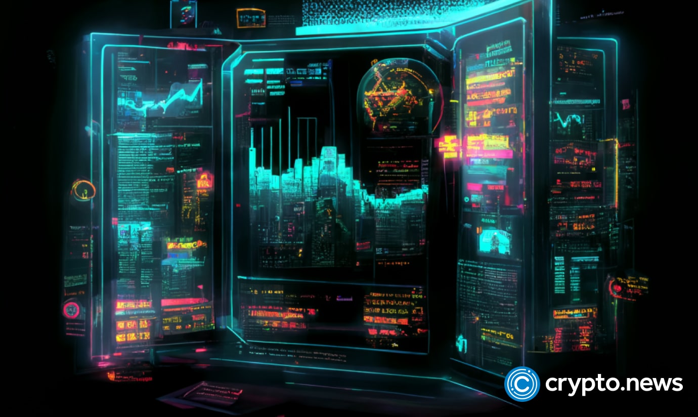 crypto news hologram with trading graphics virtual space on the background dark neon color cyberpunk