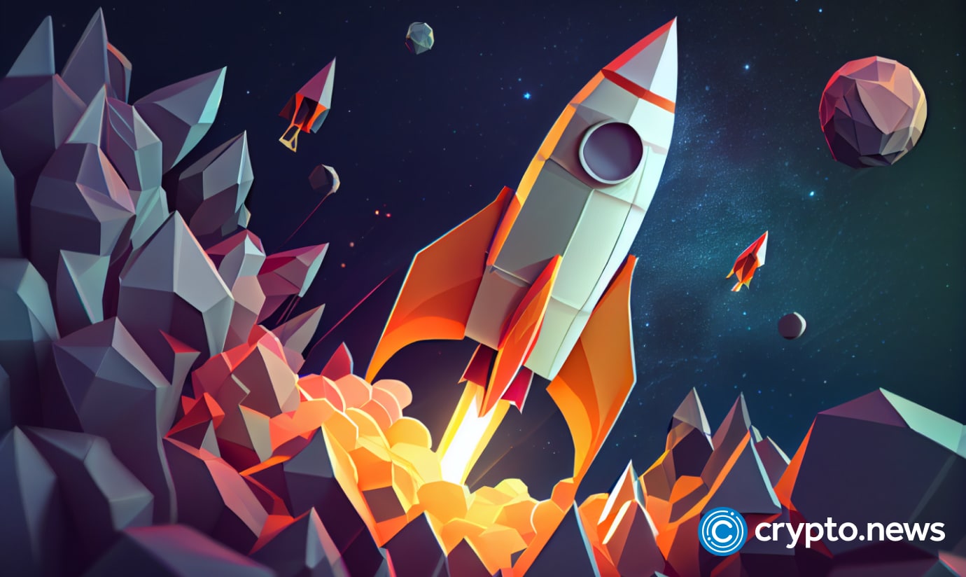 crypto news rocket launching from the earth stars and planets around stardust on the background fisheye low poly
