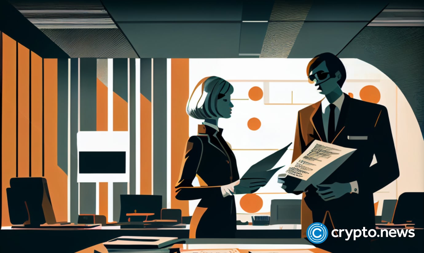 cryto news two people exchanging documents office background dark tones sixties retro futuristic ill