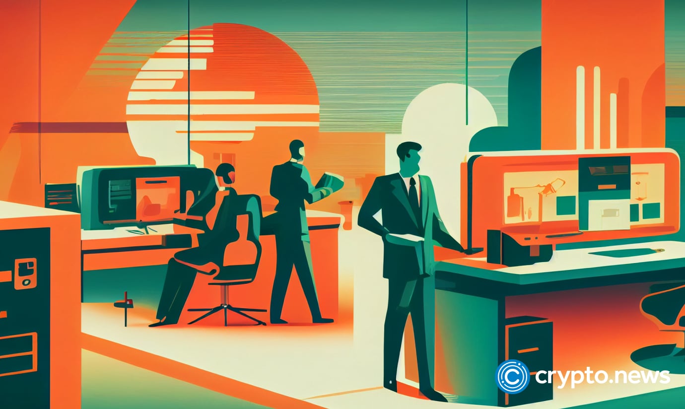 crypto news company merger office background bright tones sixties retro futuristic illustrat