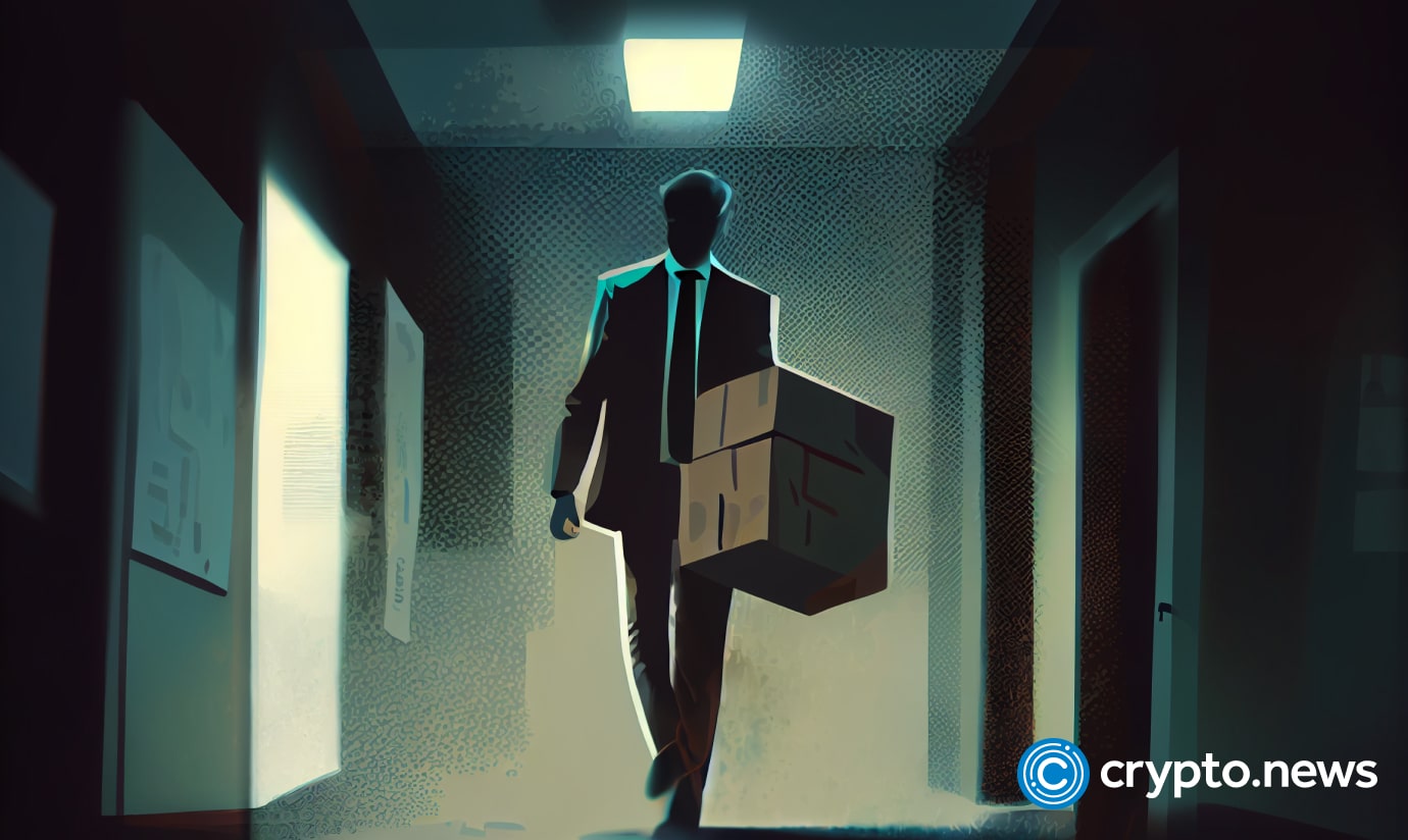 cryto news a man with a box in his hands comes out of the office blurry background dark tones sixties retro futuristic illustration