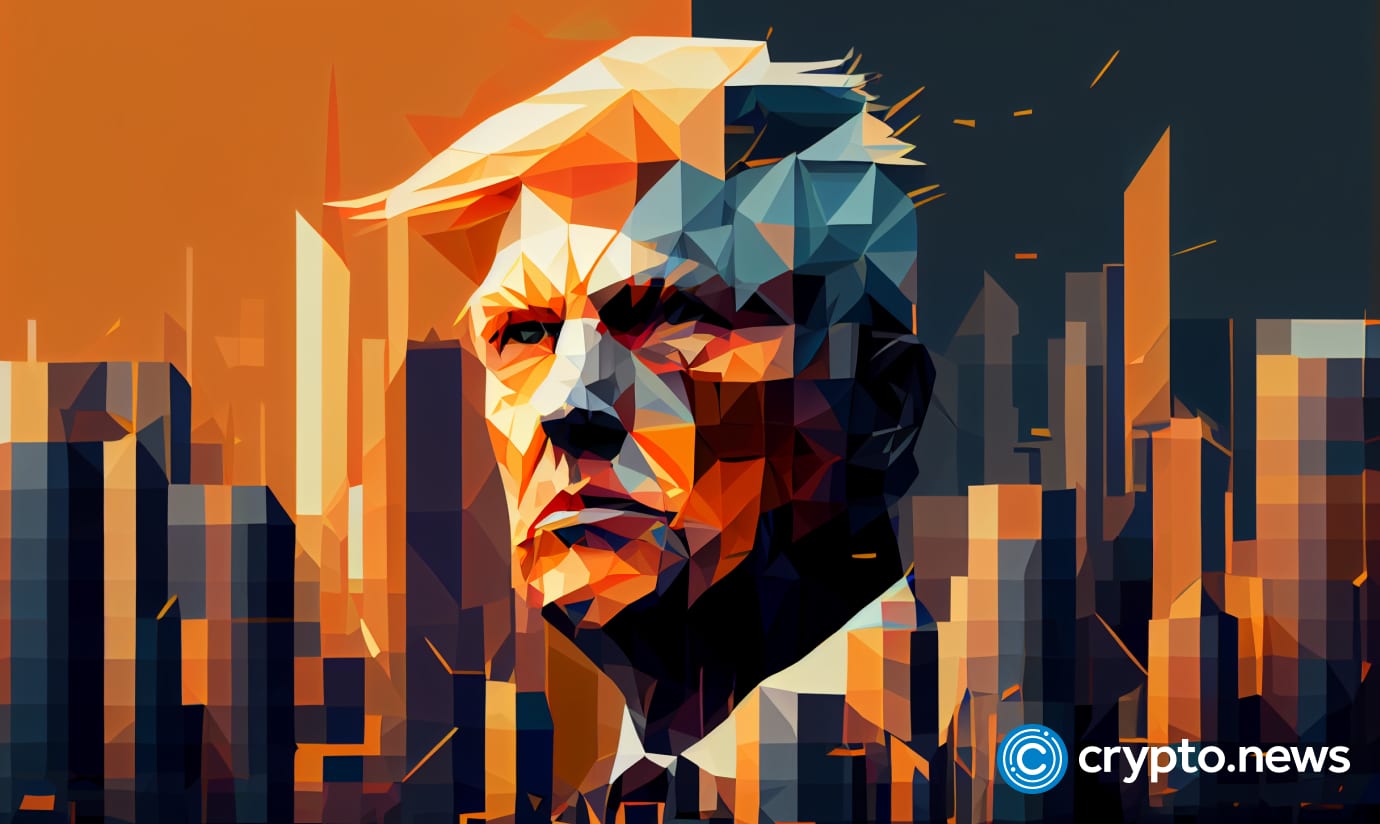 crypto news Donald Trumps face city background bright low poly sty