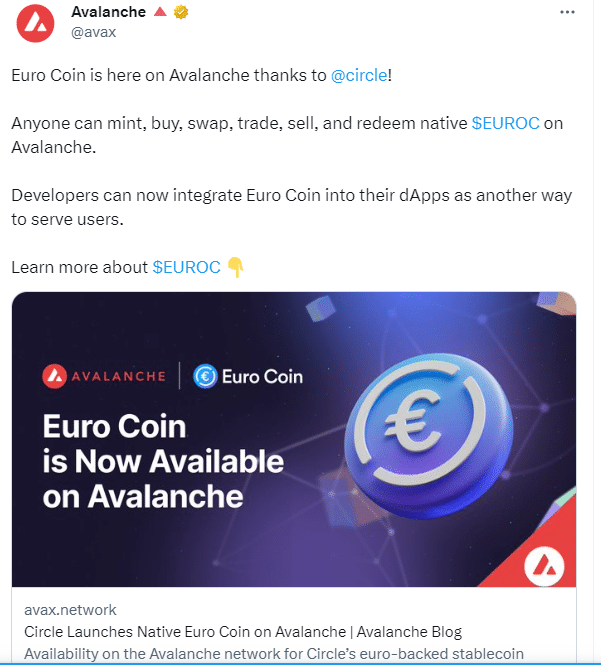 La moneda de euro (EUROC) ahora está disponible en la cadena de bloques de Avalanche
