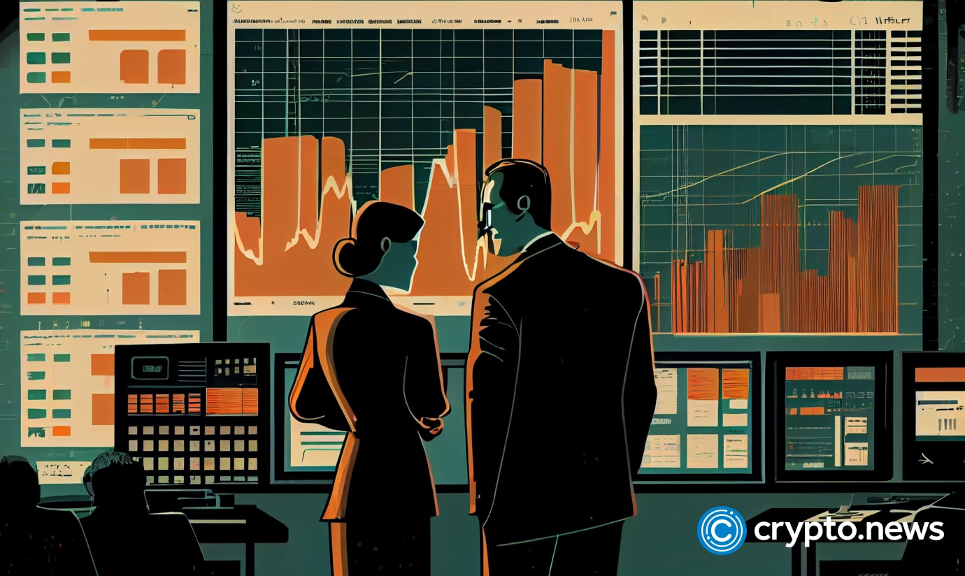 crypto news man show trading charts people talk office background dark tones sixties retro futuristic