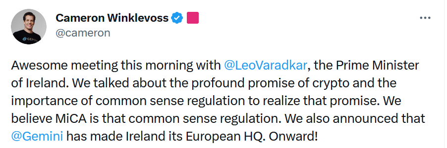 Gemini escolhe a Irlanda como seu hub em meio à turbulência cripto dos EUA - 2
