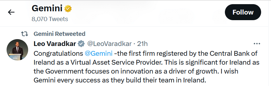 Gemini escolhe a Irlanda como seu hub em meio à turbulência cripto dos EUA - 1