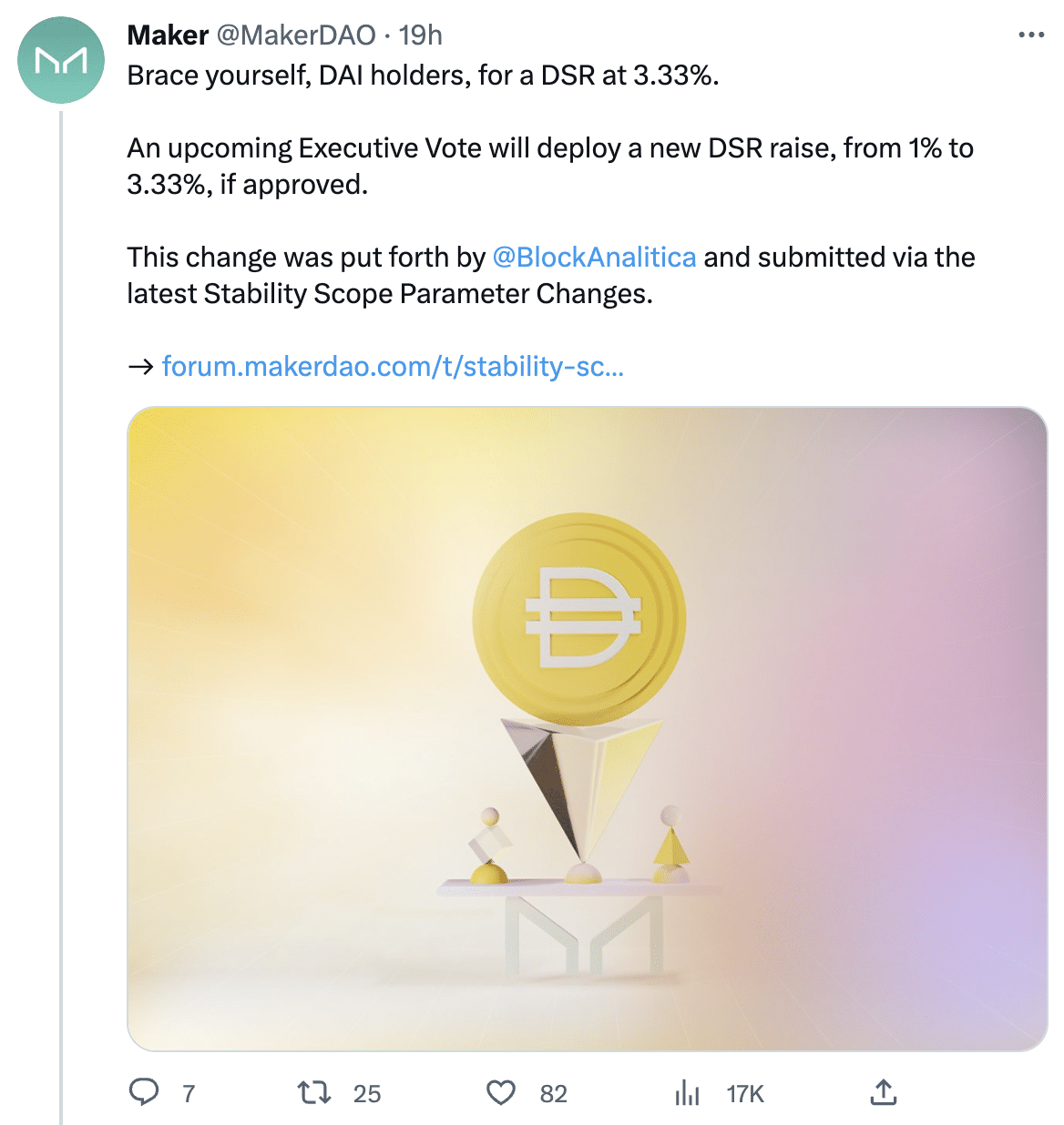 MakerDAO's new proposal to boost DAI savings rate to 3.33%