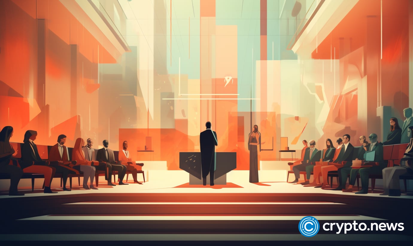 crypto news court session blurry figures sitting in chairs judge with arm raised dark tones sixties retro futuristic illustration v5.2