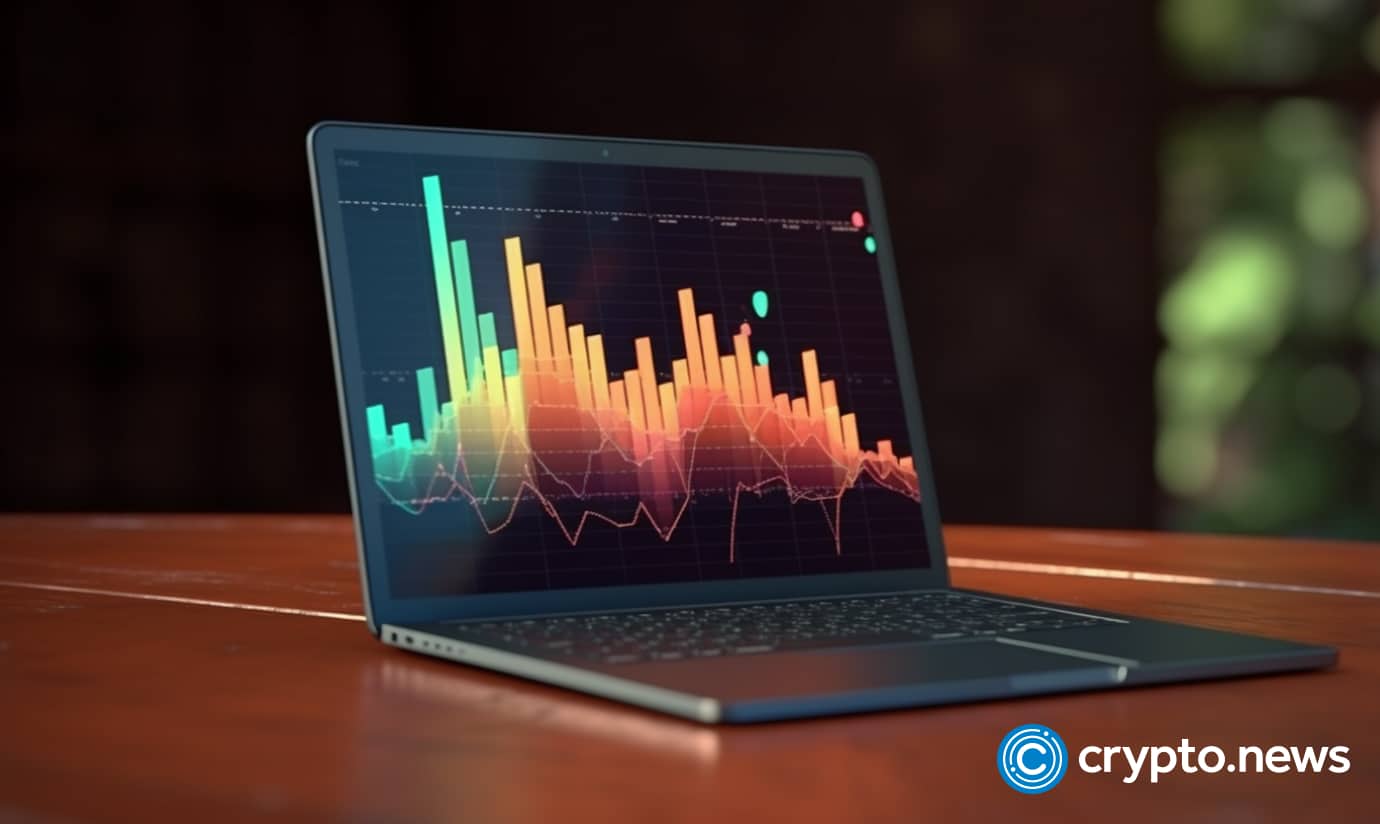 crypto news laptop on the table with trading chart on the display side view bright tones low poly style v5.1