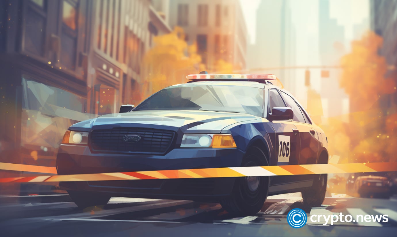 crypto news police tape and police car front side view blurry city background day light low poly style v5.2