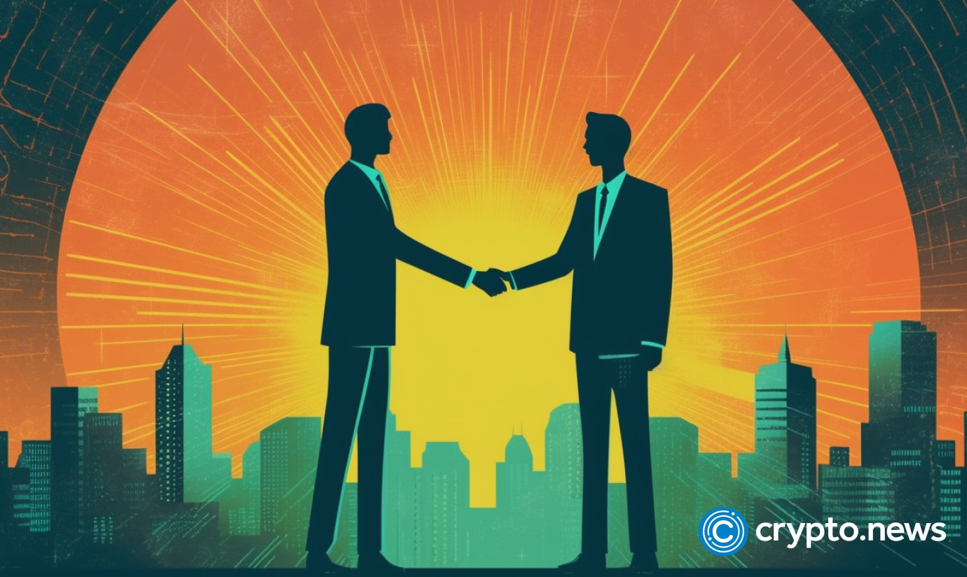 crypto news two people shaking hands office background bright tones sixties retro futuristic illustration v5.1