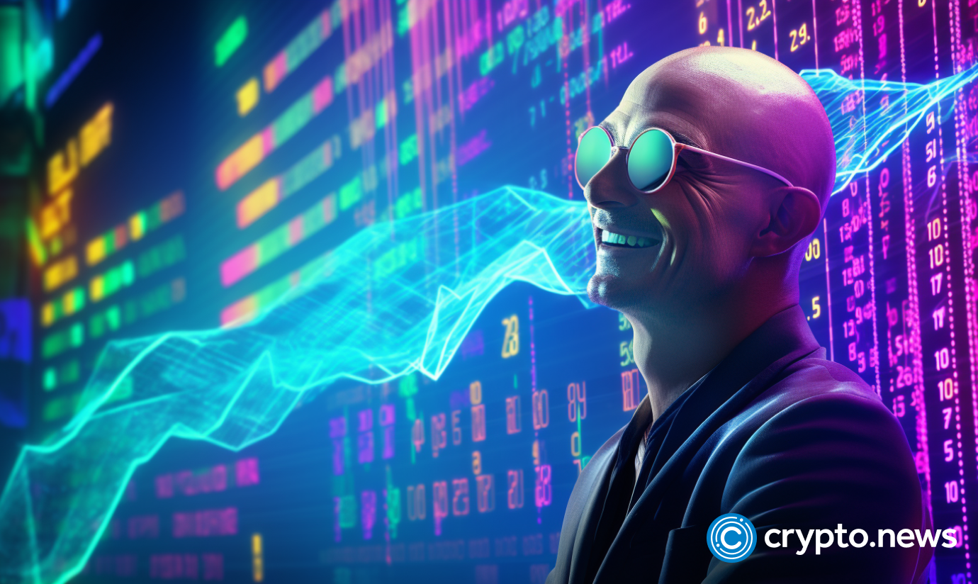 crypto news Bald man see on the coin and smile trading chart rise background neon colors cyberpunk style v5.2 1