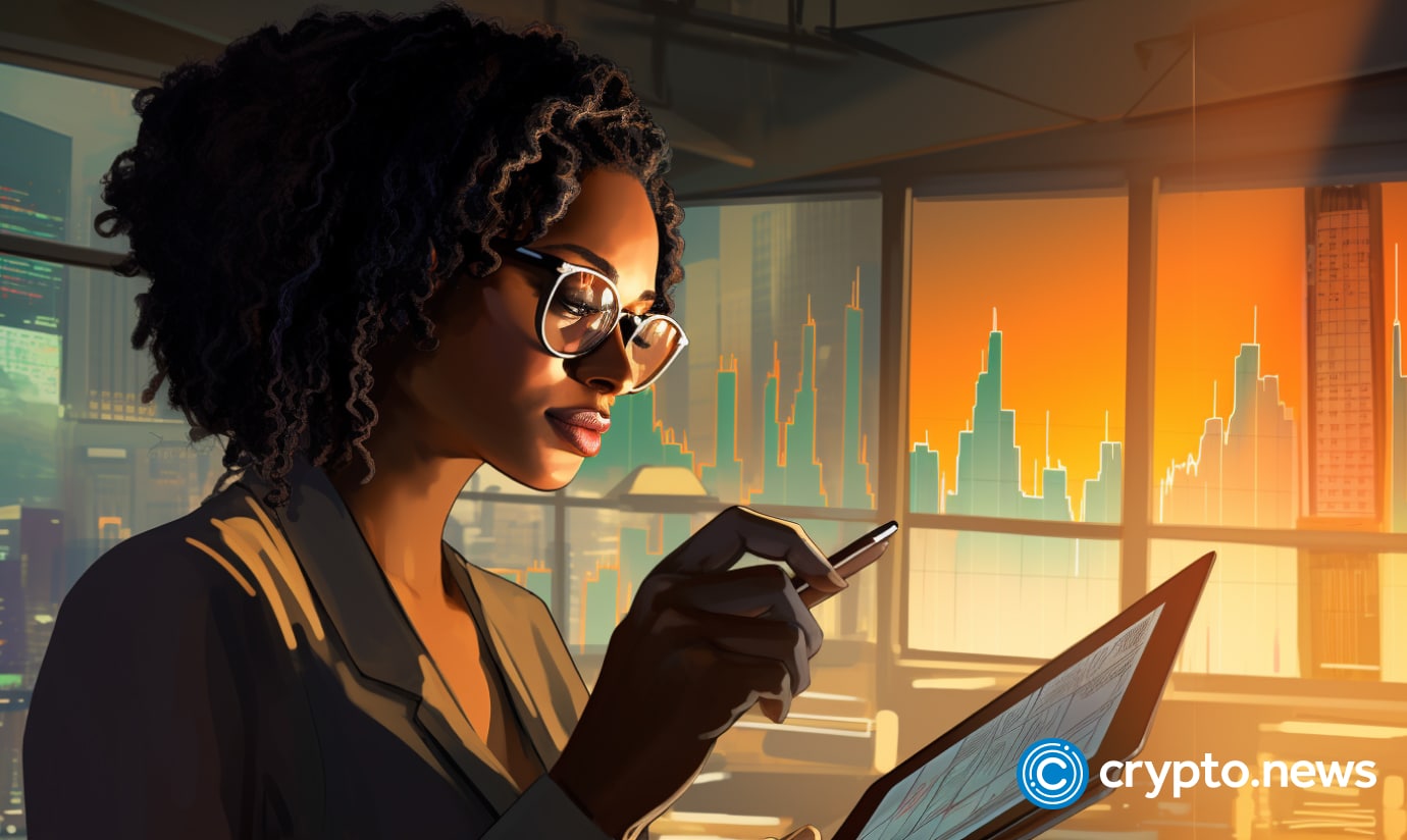 crypto news black woman reading a smartphone in office front side view bright trading chart background day light sixties retro futuristic illustratio v5.2