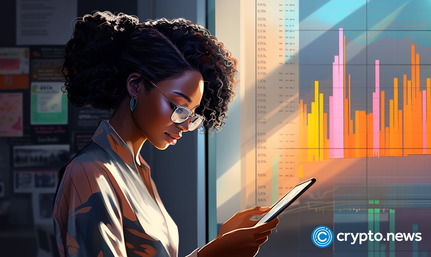 crypto news black woman reading a smartphone in office front side view bright trading chart background day light sixties retro futuristic illustration v5.2