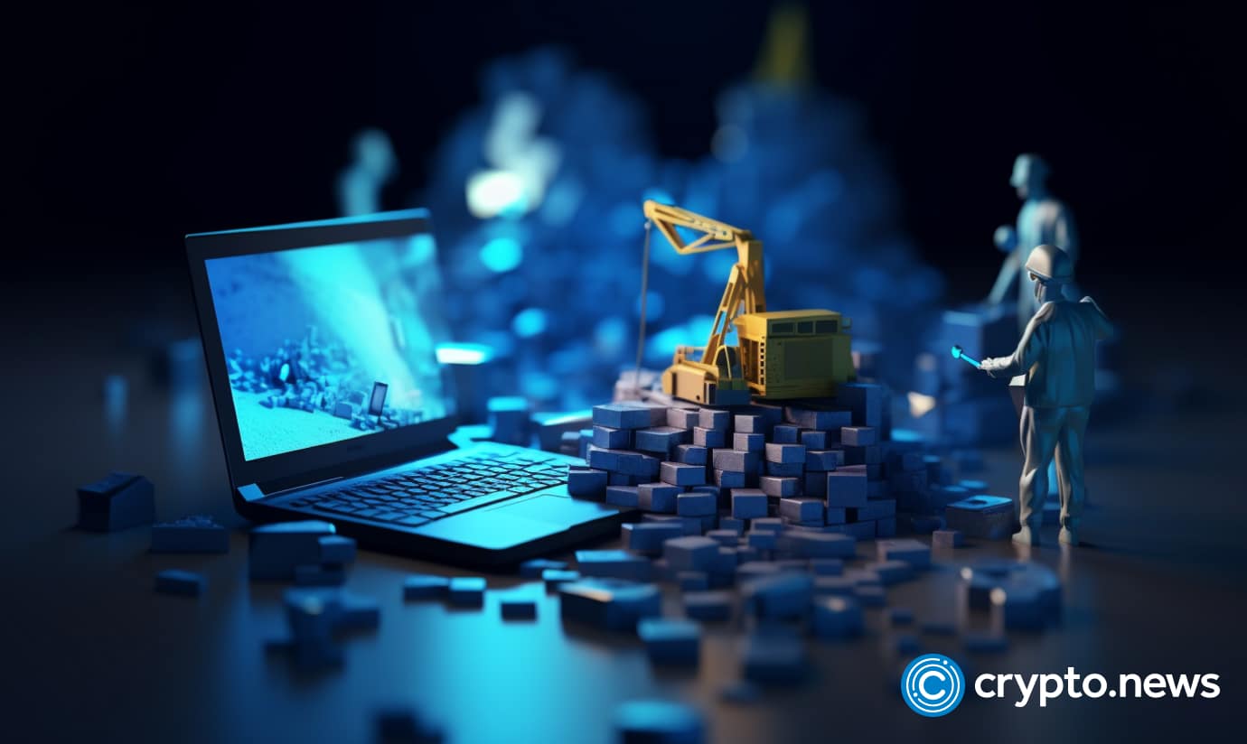 crypto news crypto mining on a laptop blockchain and artificial intelligence bright blue and white colors blurry background low poly style v5.1