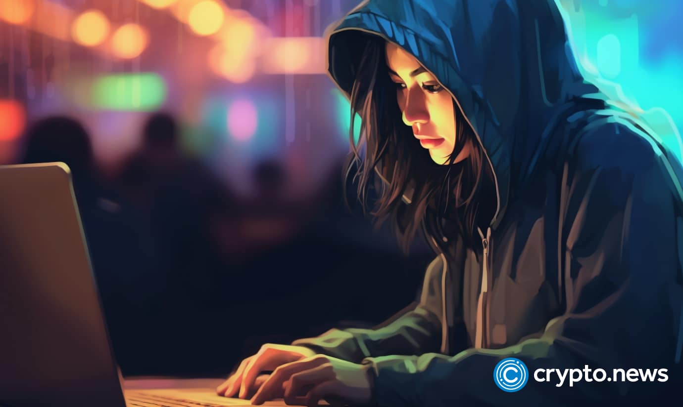 crypto news hacker asian woman writing a code on his laptop blurry background dark colores low poly st v5.1