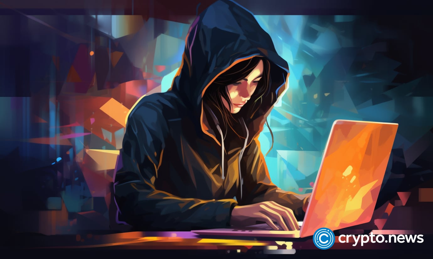 crypto news hacker asian woman writing a code on his laptop blurry background dark colores low poly styl v5.1