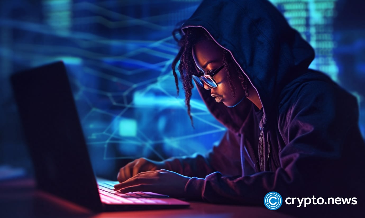 crypto news hacker black woman writing a code on his laptop blurry background dark tones low poly style v5.1