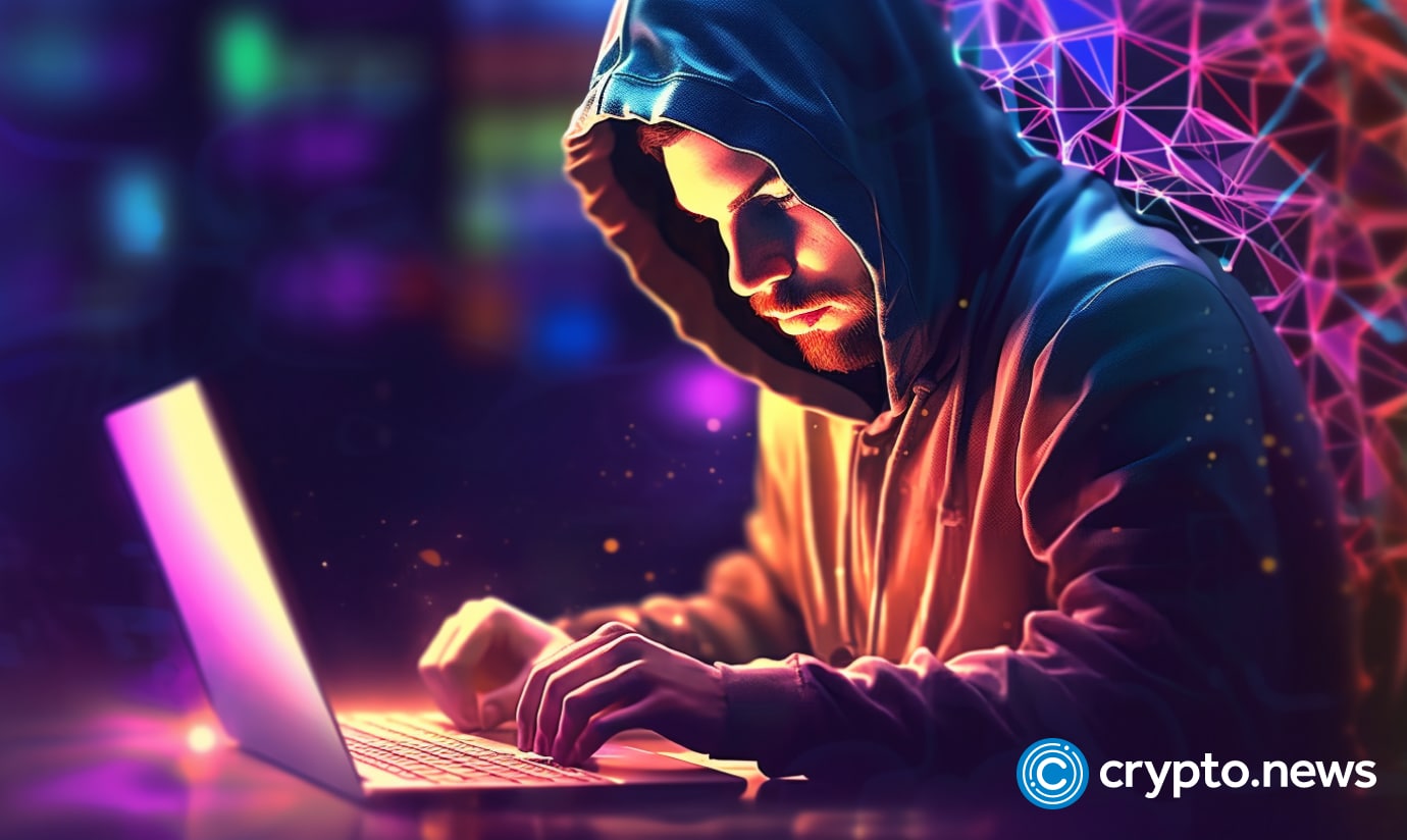 crypto news hacker writing a code on his laptop blurry background dark colores low poly styl v5.1