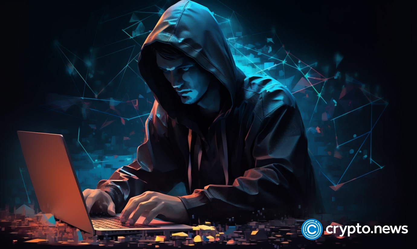 crypto news hacker writing a code on his laptop blurry background dark colores low poly style v5.1 1