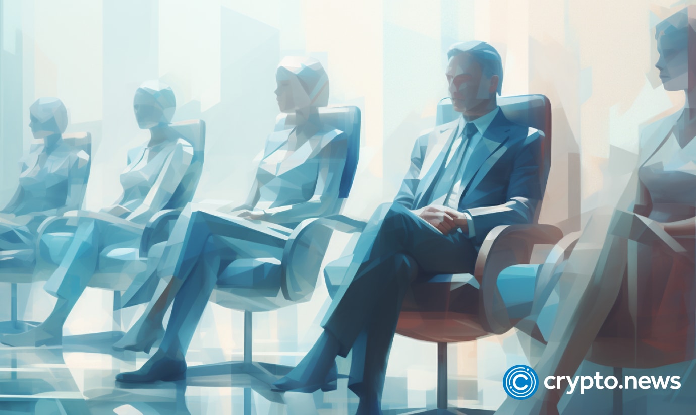 crypto news lawsuits blurry figures sitting in chairs day light light blue and white colors sixties retro futuristic illustration v5.2 1