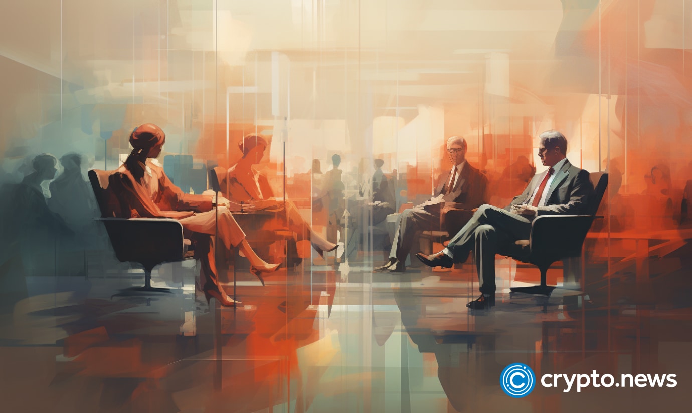 crypto news lawsuits blurry figures sitting in chairs day light light sixties retro futuristic illustration v5.2