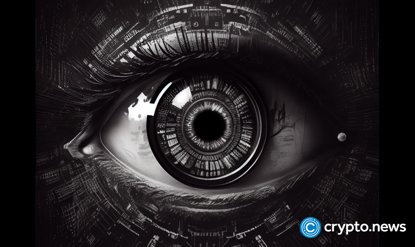 crypto news the eye is checked with a scanner front side view black and white colors background cyberpunk style
