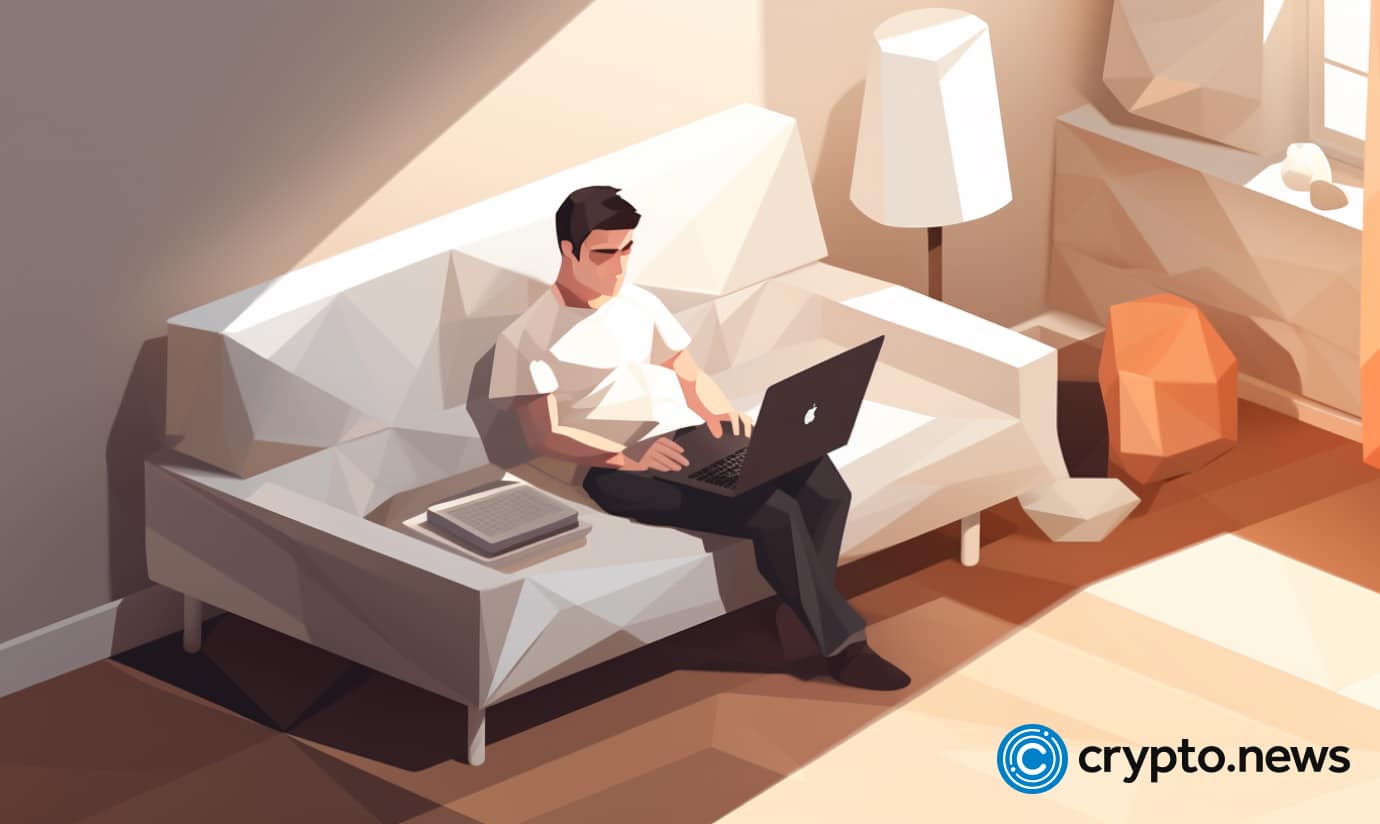 crypto news white man lying on the couch and watching on his laptop in a large white apartment day light low poly styl v5.2