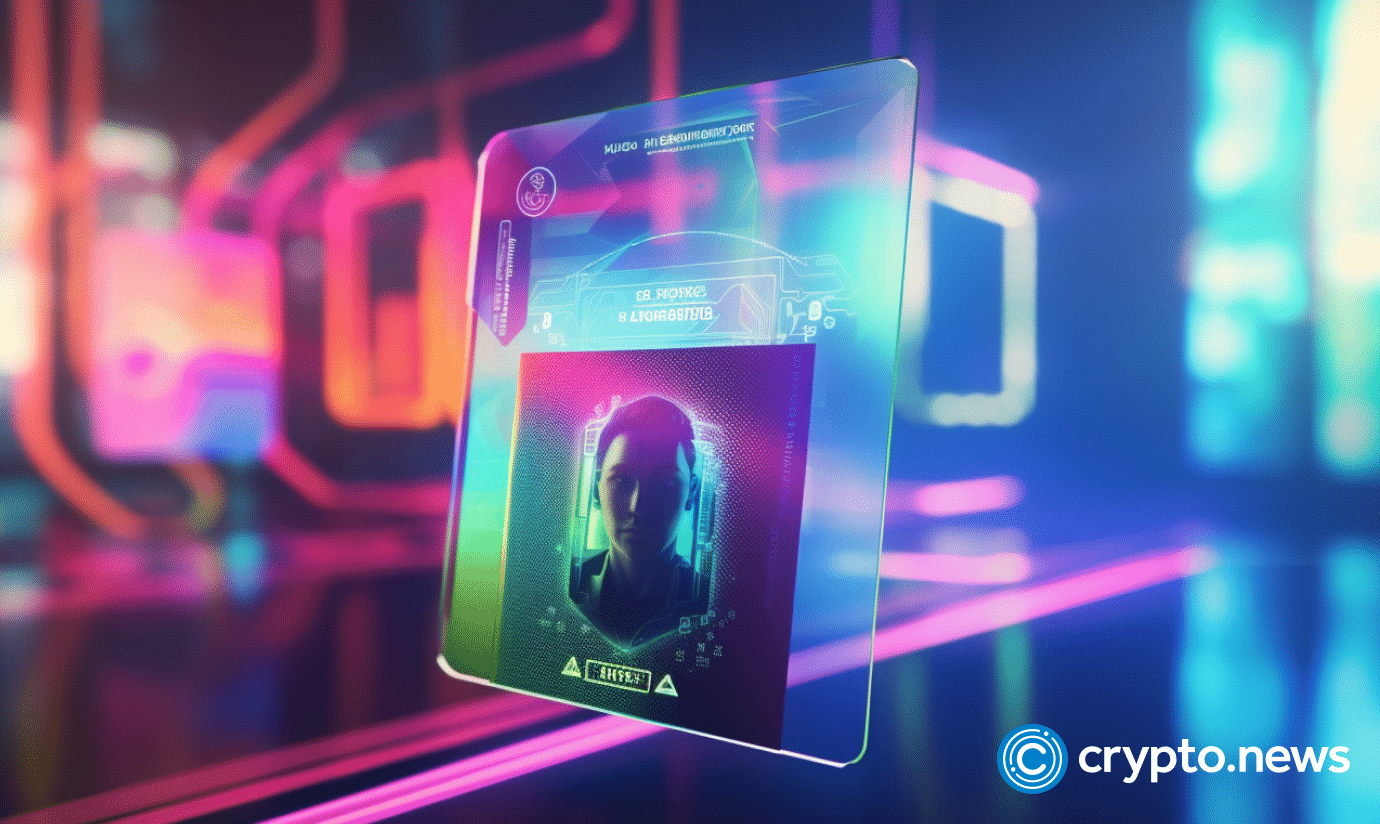 crypto news id card with locker on the front side front side view using blockchain and artificial intelligence blurry background bright neon colors v5.2