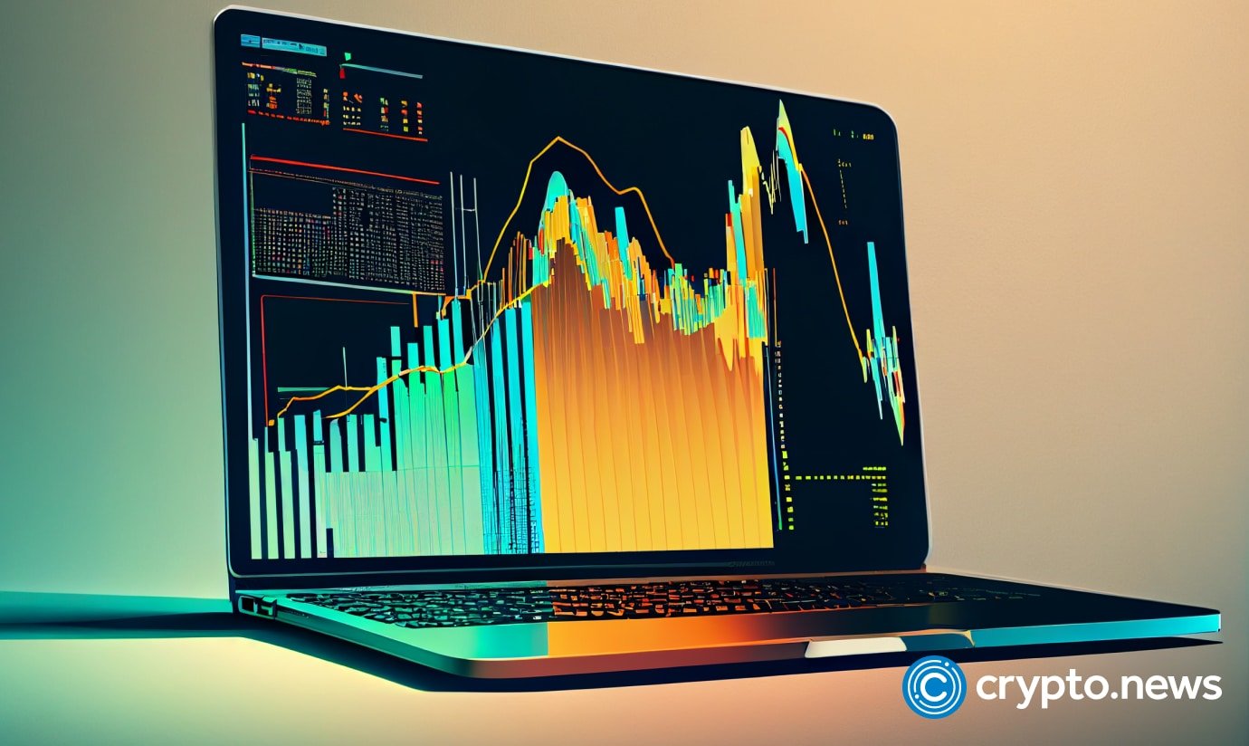 crypto news laptop on the table with trading chart on the display side view bright tones low poly styl 1