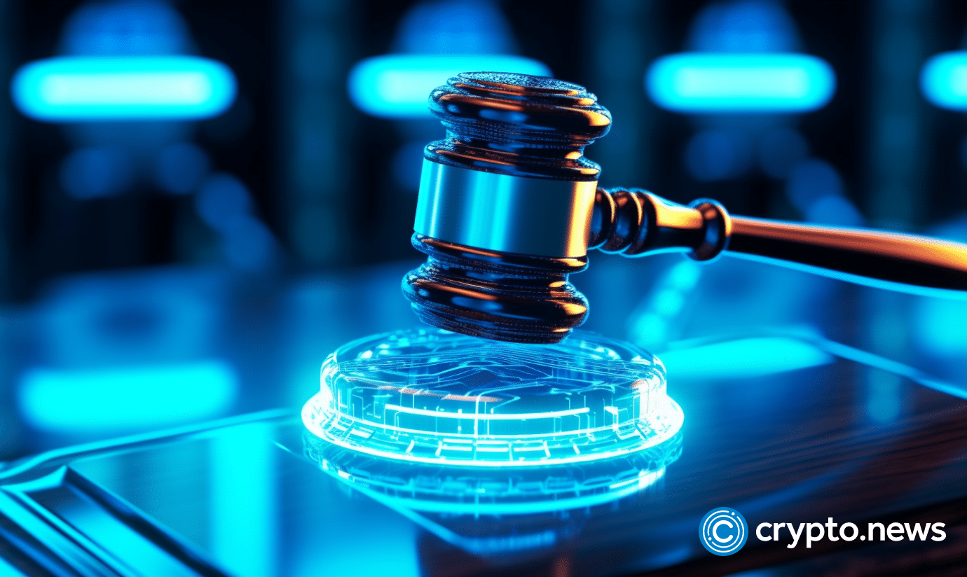 crypto news the judges gavel on the table using blockchain and artificial intelligence white and blue neon colo v5.1