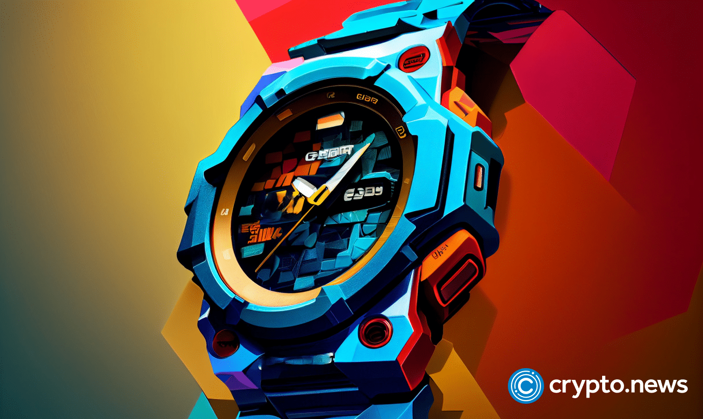 crypto news Casio G SHOCK front side view blockchain background bright colors low poly style