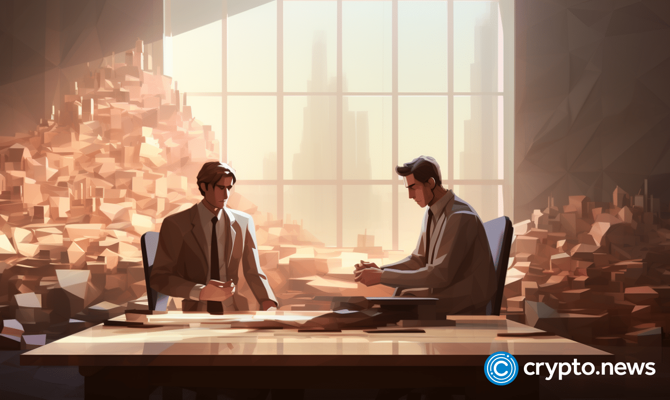 crypto news filing a lawsuit two figures sitting on the table modern office background day light low poly style v5.2