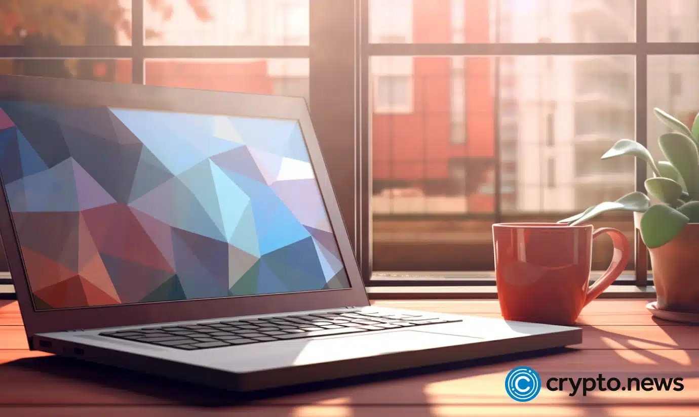 crypto news laptop on the table modern office background day light low poly style v5.2 1