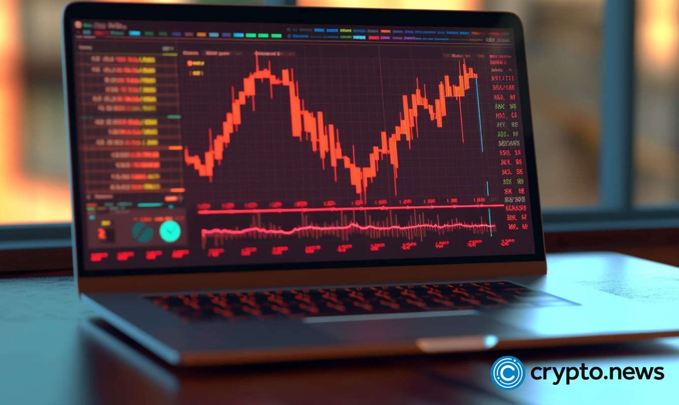 crypto news laptop on the table with trading chart on the display side view bright tones low poly styl v5.1