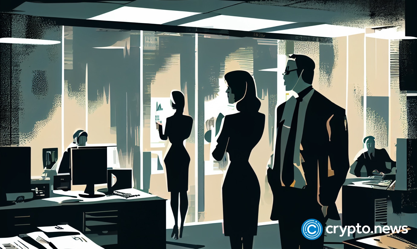 crypto news people talk office background dark tones sixties retro futuristic illustration