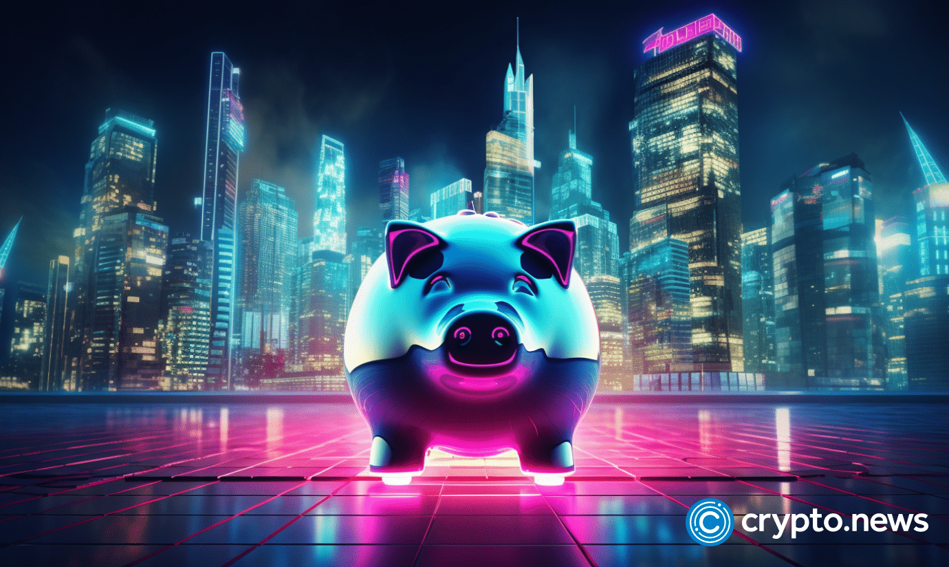 crypto news piggy bank front side view modern city background bright neon colors cyberpunk styl v5.2