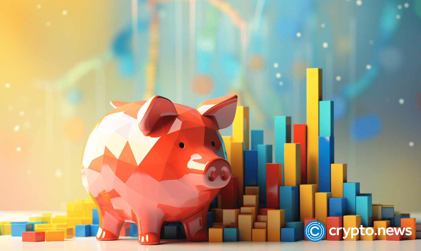 crypto news piggy bank front side view trading chart background bright colors low poly style v5.2