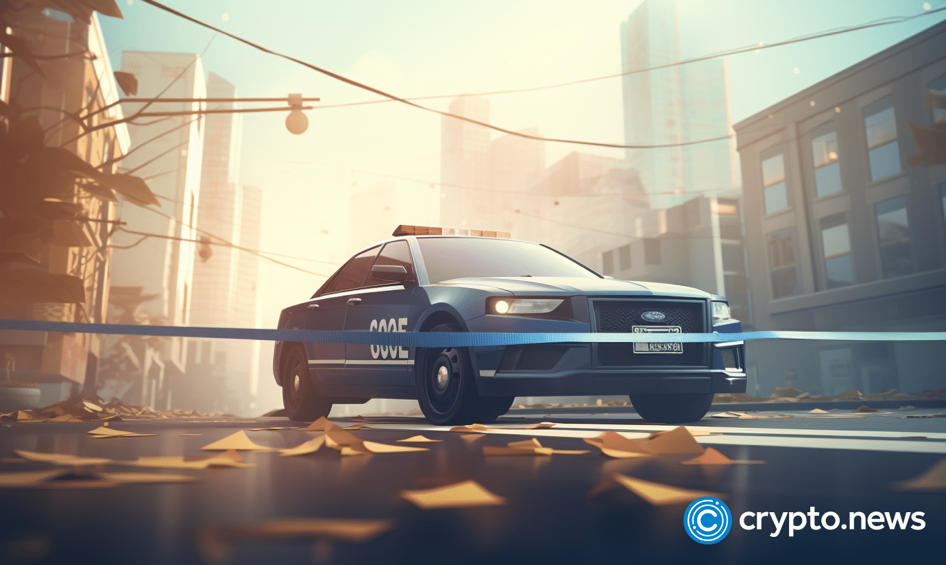 crypto news police tape and police car front side view blurry city background day light low poly sty v5.2