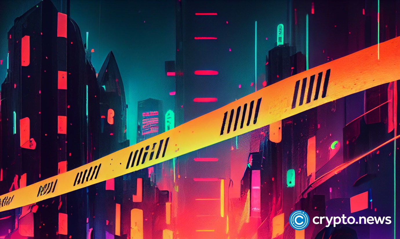 crypto news police tape front side view blurry city background bright neon color cyberpunk