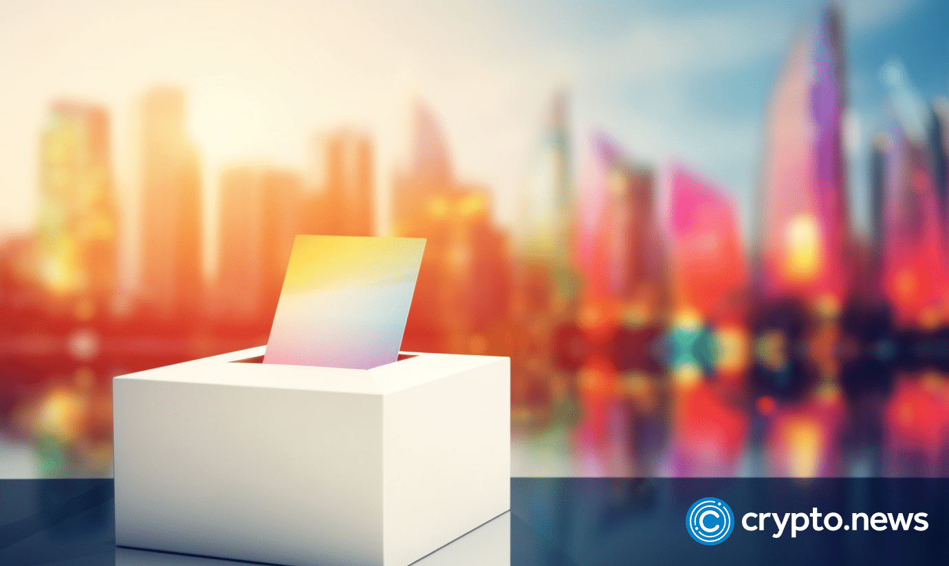 crypto news put a blank ballot paper in the ballot box blurry modern city background bright color v5.2