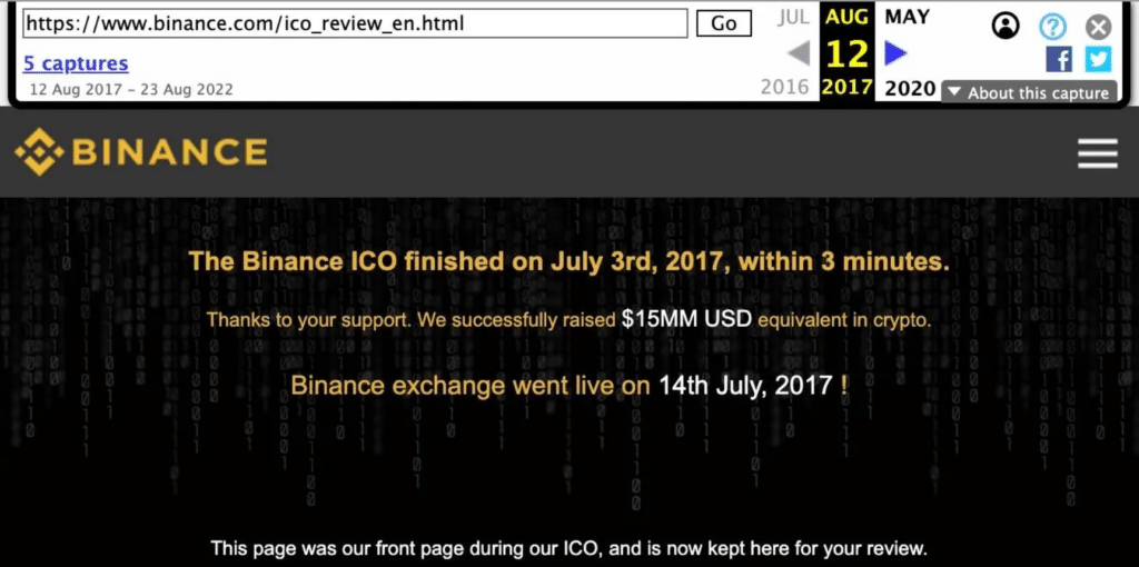 ICO Binance в 2017 году провалилось, биржа, как сообщается, привлекла 5 миллионов долларов