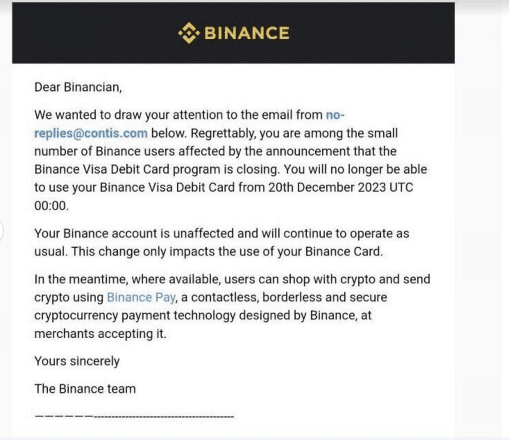 Binance discontinues Visa Debit Card in email sent to clients  - 1
