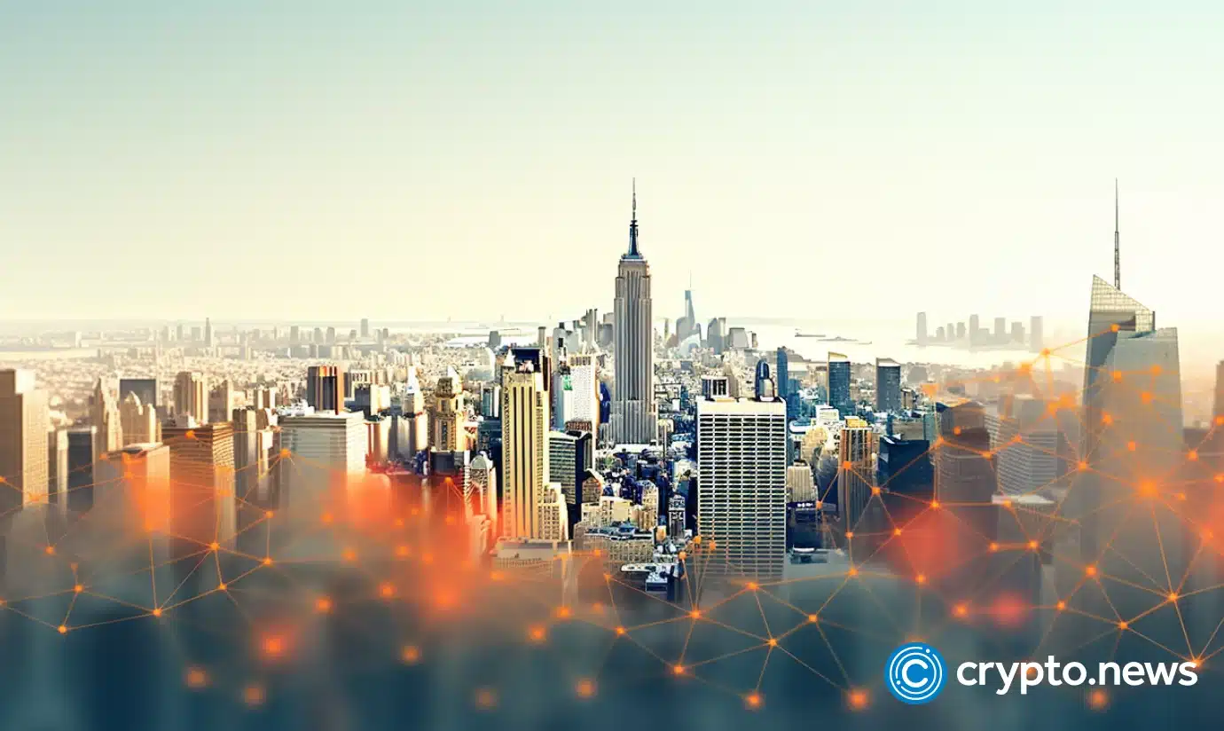 crypto news New York top side view blurry blockchain background low poly style02