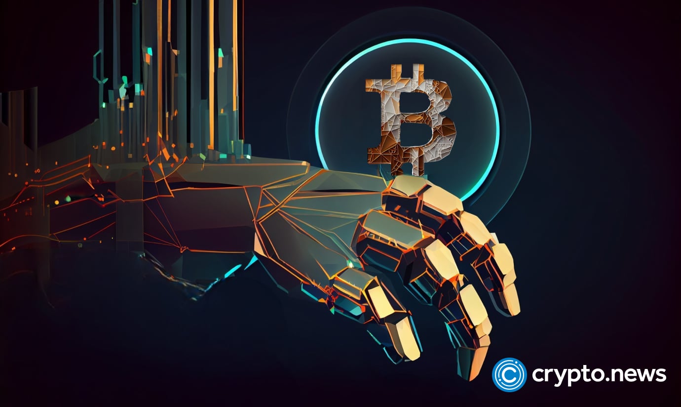crypto news The robot hand holds a coin with the bitcoin symbol on it trading chart background dark tones low poly style 1